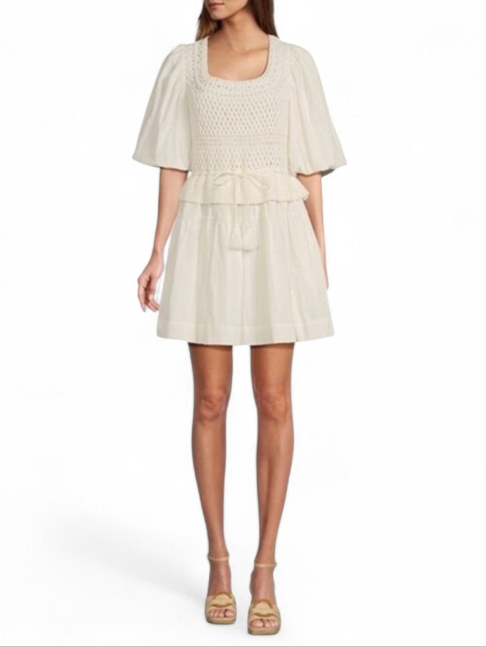 A Loves A Ivory White Crochet Peplum Dress with Puff Sleeves